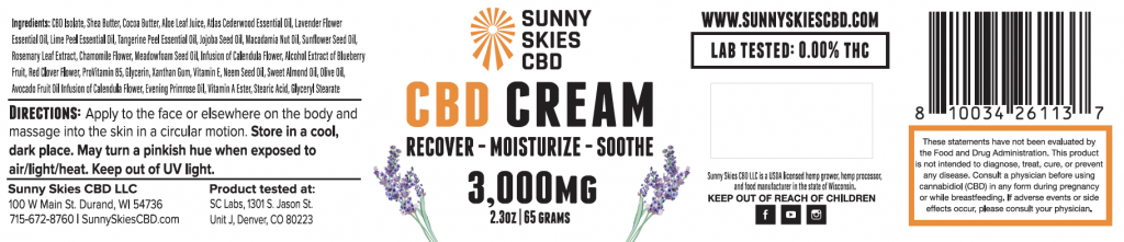 * BACK IN STOCK! Sunny Skies CBD OUR STONGEST CREAM - 3000mg CBD Recover Cream - 2.3oz jar