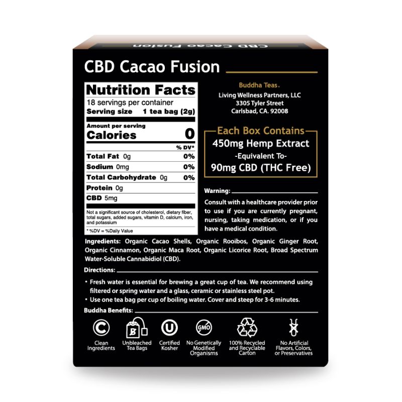 New! Buddha Teas - CBD Cacao Fusion - 18 teabags / box