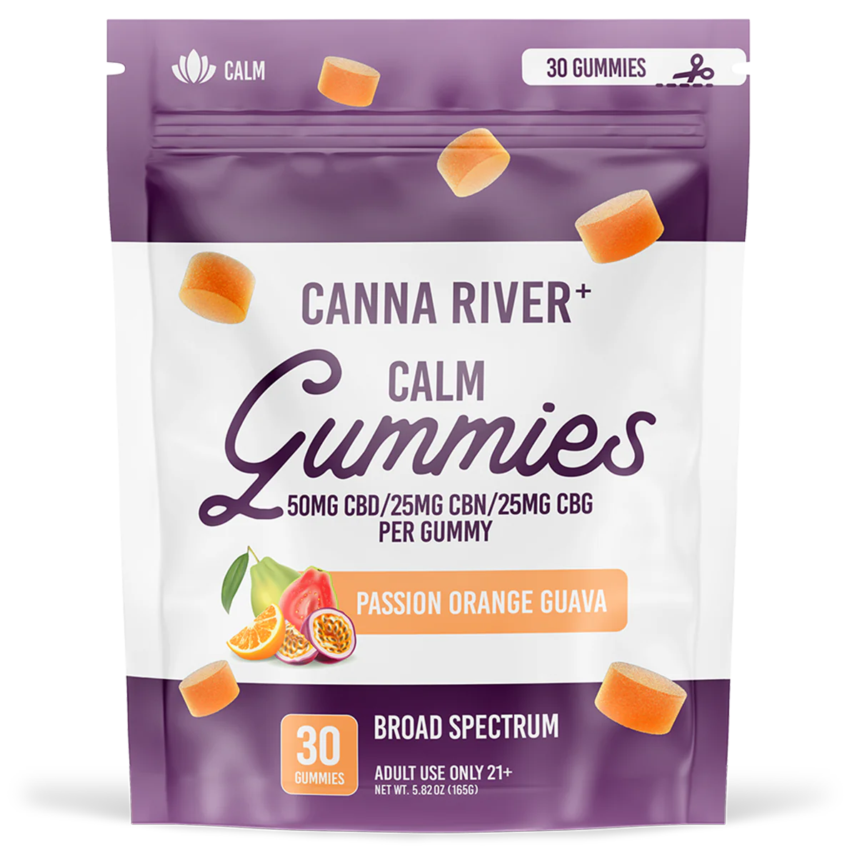 Canna River - CALM GUMMIES - 50mg Broad Spectrum (THC FREE) CBD with 25mg CBN & 25mg CBG each - Passion Orange Guava or Pink Watermelon - 30pk - NEW!