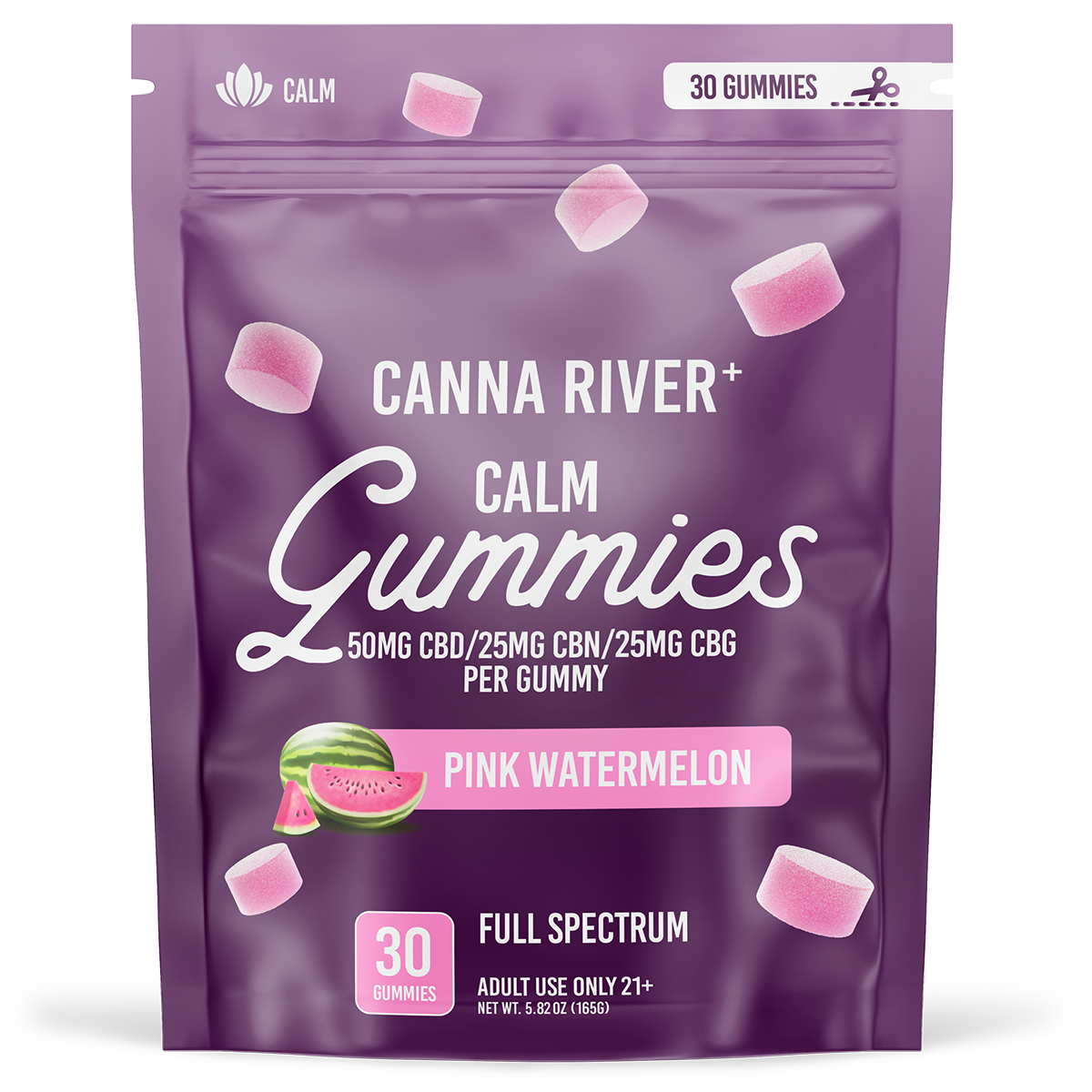 Canna River - CALM GUMMIES - NEW - 50mg Full Spectrum CBD with 25mg CBN & 25mg CBG each - Pink Watermelon - 30 pk