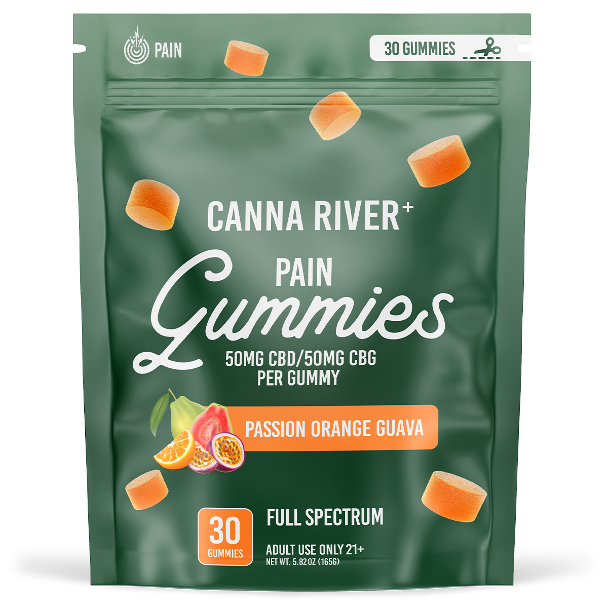 Canna River - PAIN GUMMIES - NEW - 50mg Full Spectrum CBD & 50mg CBG each - Passion Orange Guava - 30 pk