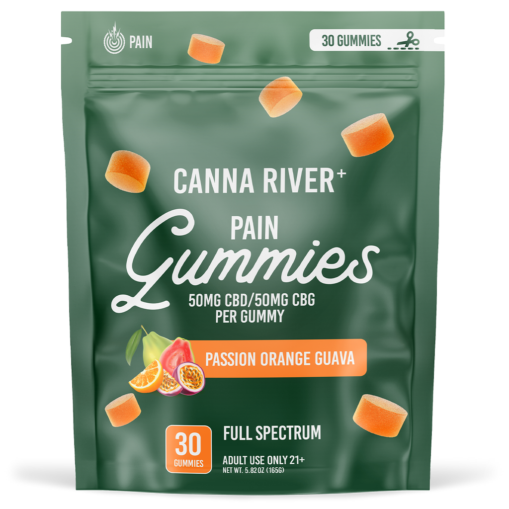 Canna River - PAIN GUMMIES - NEW - 50mg Full Spectrum CBD & 50mg CBG each - Passion Orange Guava - 30 pk