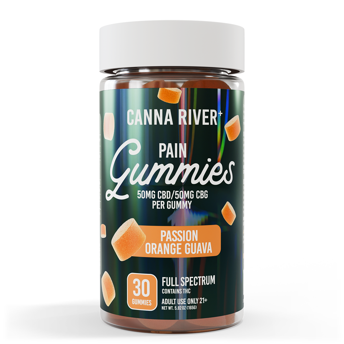 Canna River - PAIN GUMMIES - NEW - 50mg Full Spectrum CBD & 50mg CBG each - Passion Orange Guava - 30 pk