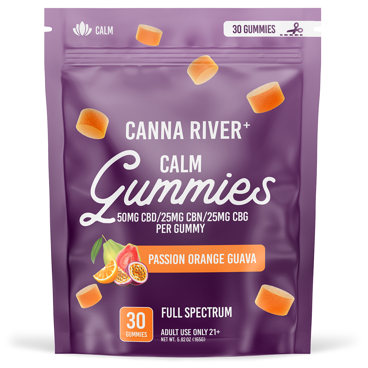 Canna River - CALM GUMMIES - NEW - 50mg Full Spectrum CBD with 25mg CBN & 25mg CBG each - Passion Orange Guava - 30 pk -