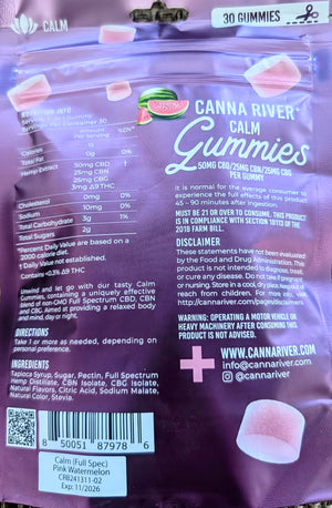 Canna River - CALM GUMMIES - NEW - 50mg Full Spectrum CBD with 25mg CBN & 25mg CBG each - Pink Watermelon - 30 pk