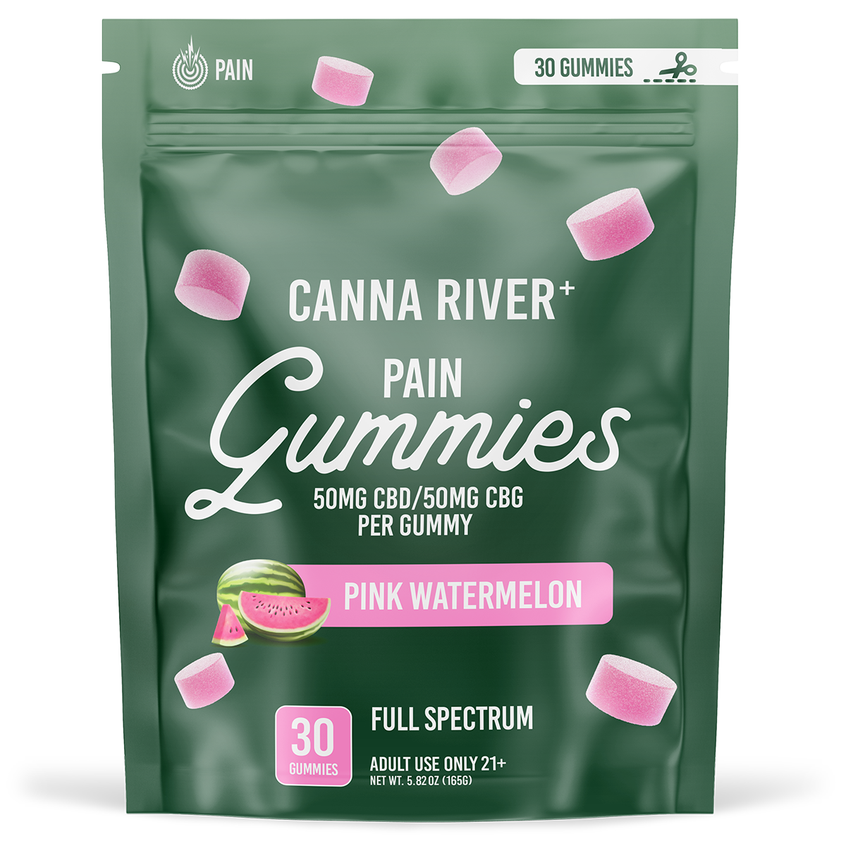 Canna River - PAIN GUMMIES -NEW - 50mg Full Spectrum CBD & 50mg CBG each - Pink Watermelon - 30 pk