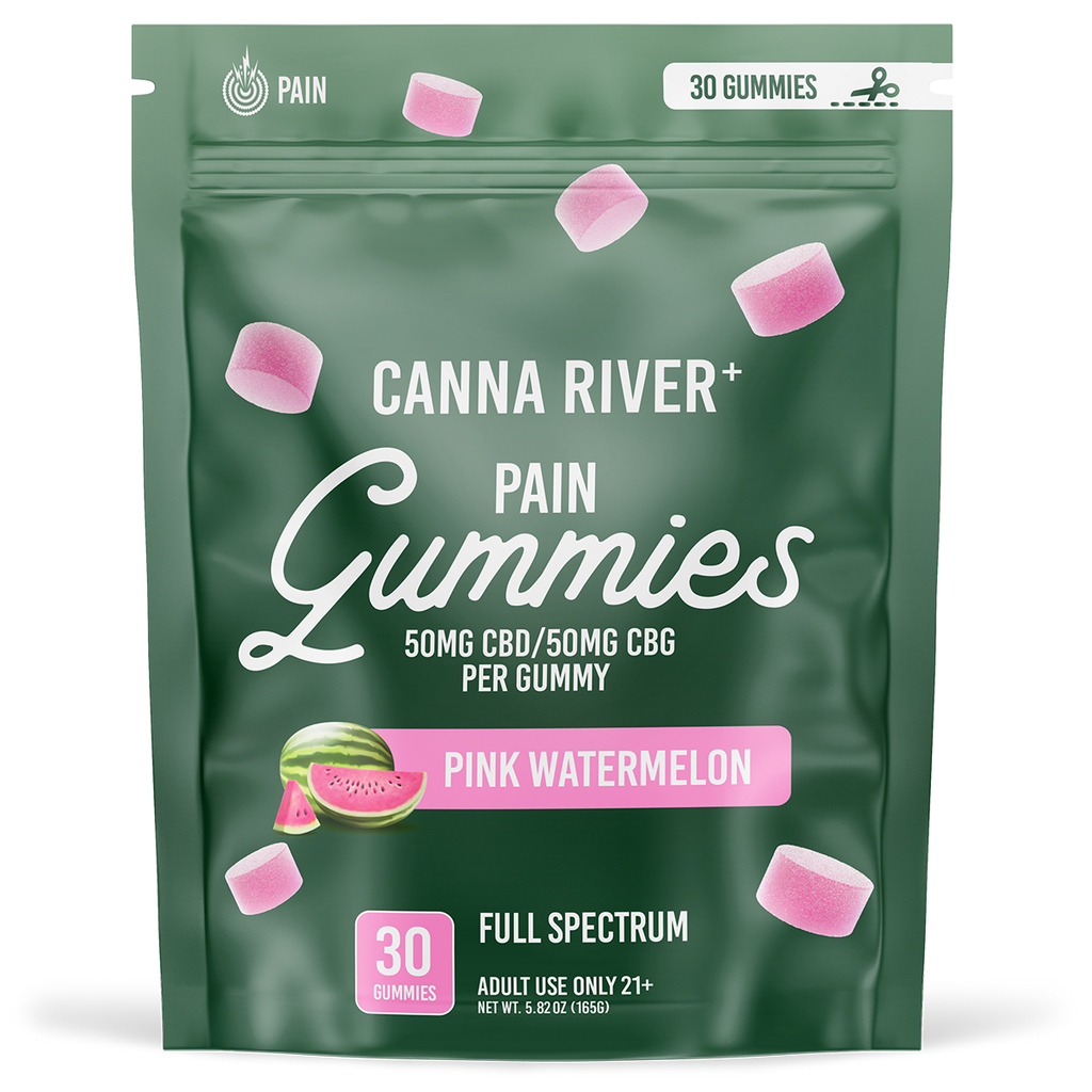 Canna River - PAIN GUMMIES -NEW - 50mg Full Spectrum CBD & 50mg CBG each - Pink Watermelon - 30 pk