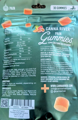 Canna River - PAIN GUMMIES - NEW - 50mg Full Spectrum CBD & 50mg CBG each - Passion Orange Guava - 30 pk