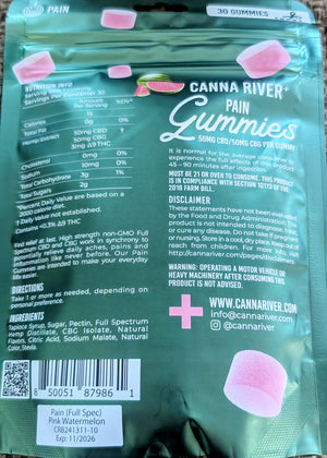 Canna River - PAIN GUMMIES -NEW - 50mg Full Spectrum CBD & 50mg CBG each - Pink Watermelon - 30 pk