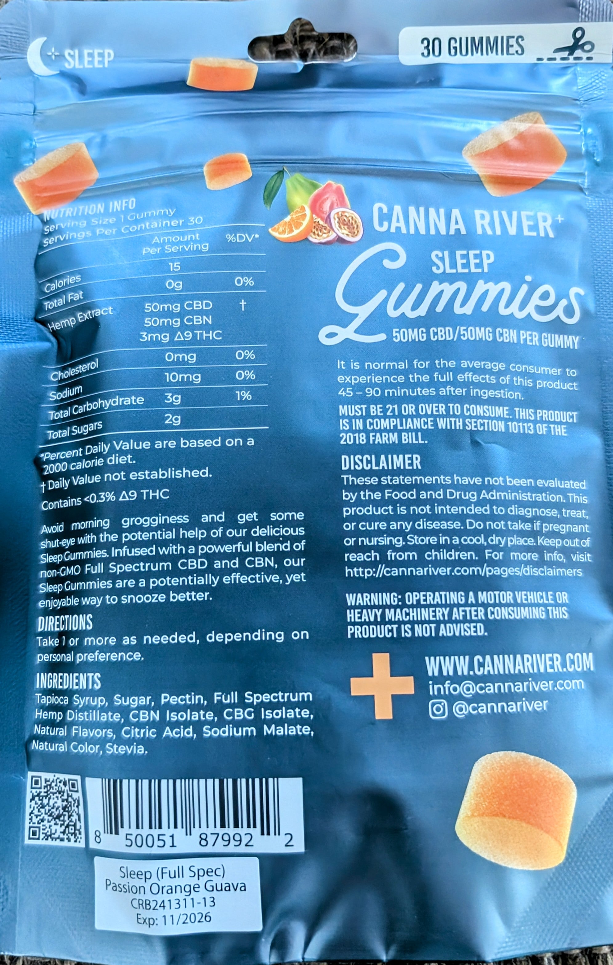 Canna River - SLEEP GUMMIES - NEW - 50mg Full Spectrum CBD & 50mg CBN each - Passion Orange Guava - 30 pk