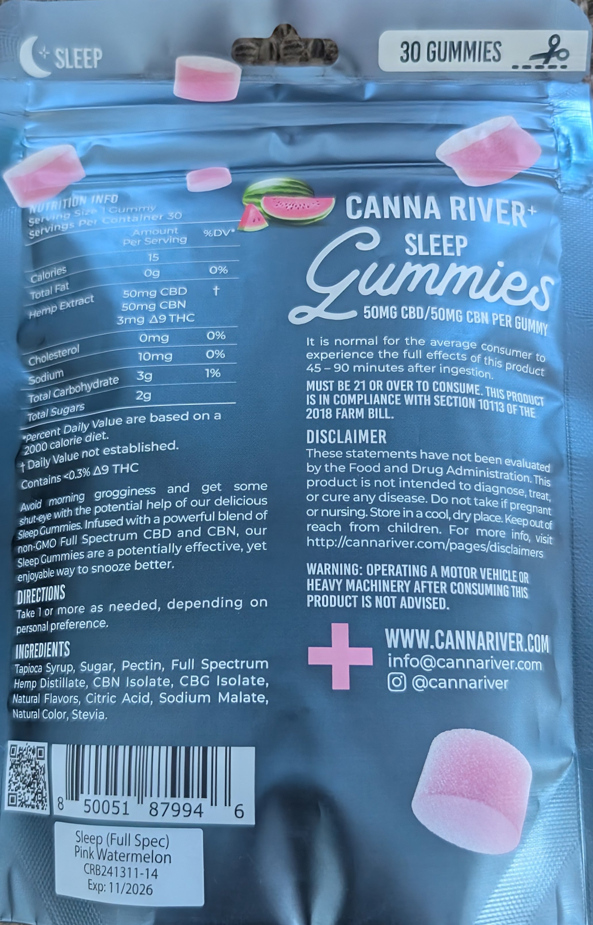 Canna River - SLEEP GUMMIES - NEW - 50mg Full Spectrum CBD & 50mg CBN each - Pink Watermelon - 30 pk