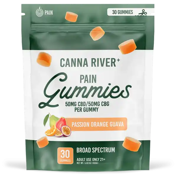 Canna River - PAIN GUMMIES - 50mg Broad Spectrum (THC FREE) CBD & 50mg CBG each - Passion Orange Guava or Pink Watermelon - 30pk - NEW!