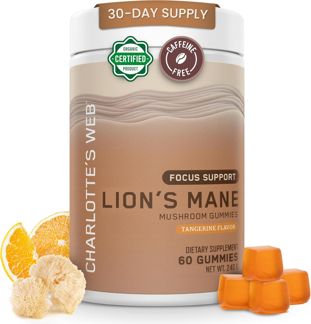 Charlotte's Web - Natural FOCUS Support Lion's Mane Mushroom Gummies for Cognitive Support - Tangerine Flavor - 60 count