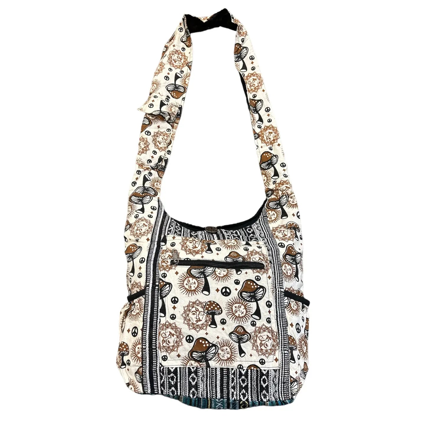 Hemp & Cotton Shoulder Bag - Mushroom Tan Galore - Buttons & Zips Closed w/Shoulder & Bottle Side Pockets
