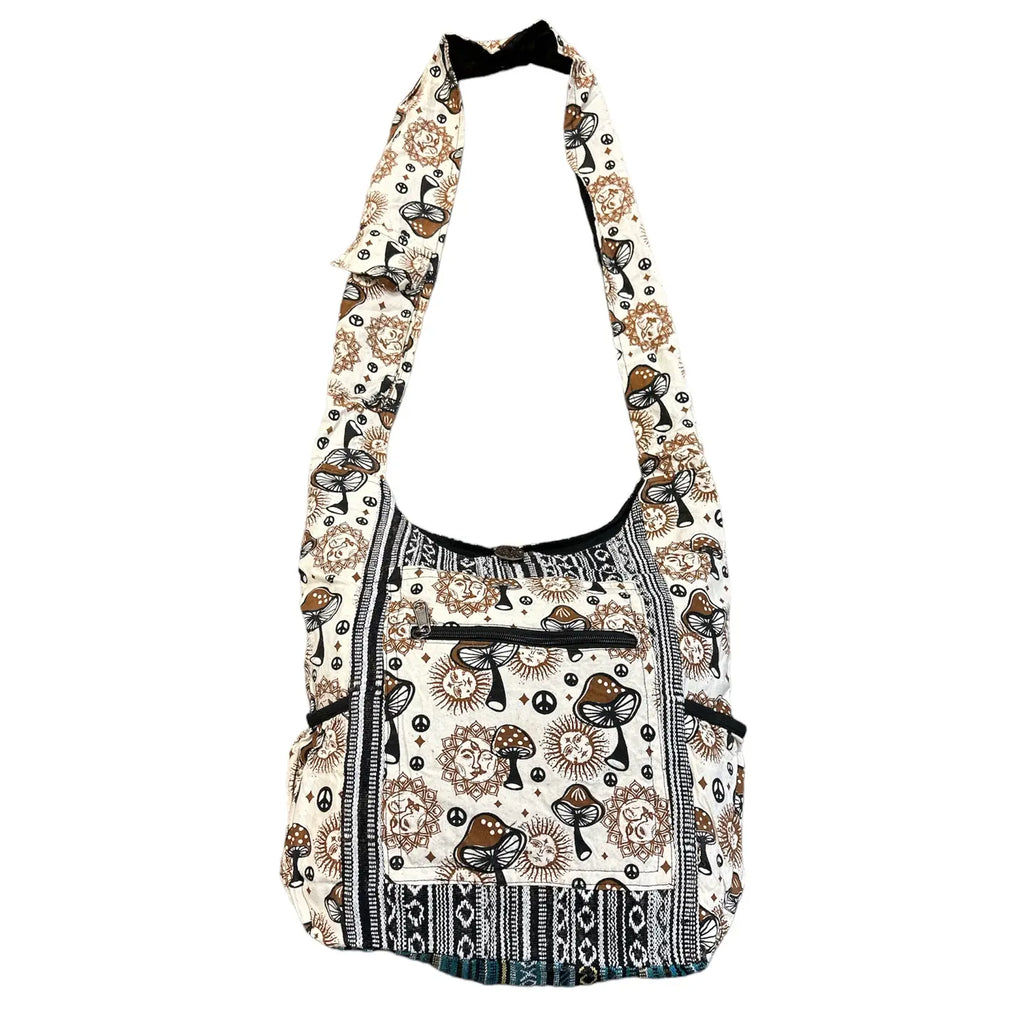 Hemp & Cotton Shoulder Bag - Mushroom Tan Galore - Buttons & Zips Closed w/Shoulder & Bottle Side Pockets
