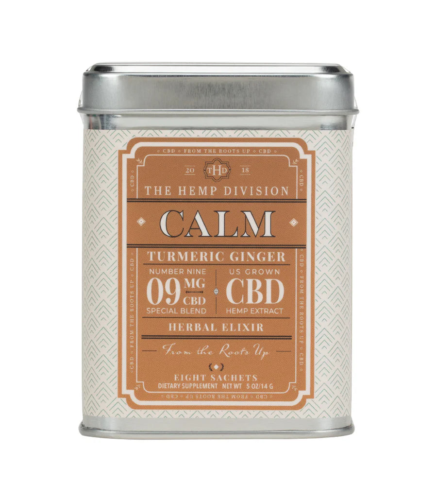 The Hemp Division - CALM - Turmeric Ginger Tea –  9 MG CBD/serving - 8 sachets per tin - NEW!