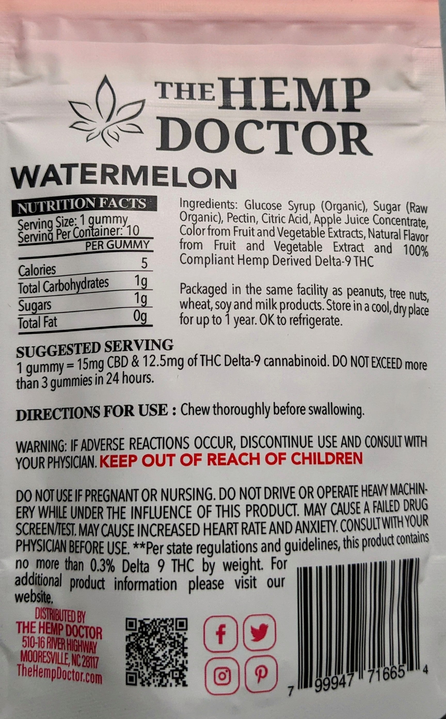 *The Hemp Doctor - THC/CBD Full Spectrum DAYTIME (Sativa) Uplifting Gummies - Watermelon - 10kp