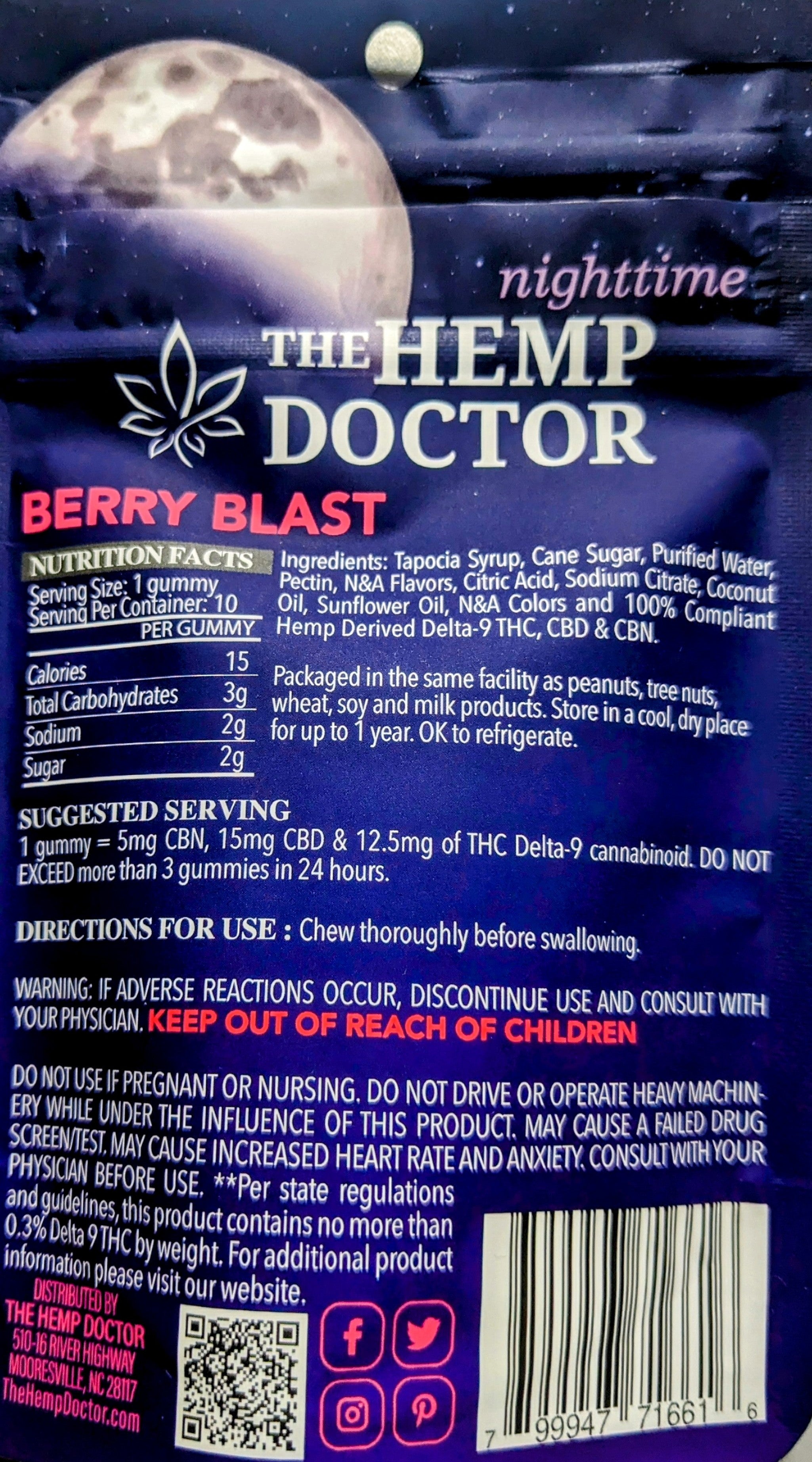*The Hemp Doctor - Hemp Derived Delta-9 Berry Blast Flavored NIGHTTIME - THC/CBD/CBN Full Spectrum Gummies - 10pk