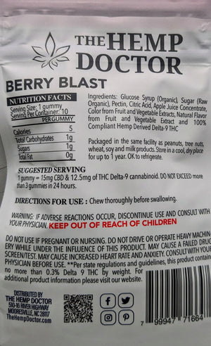 *The Hemp Doctor - THC/CBD Full Spectrum DAYTIME (Sativa) Uplifting Gummies - Berry Blast - 10kp