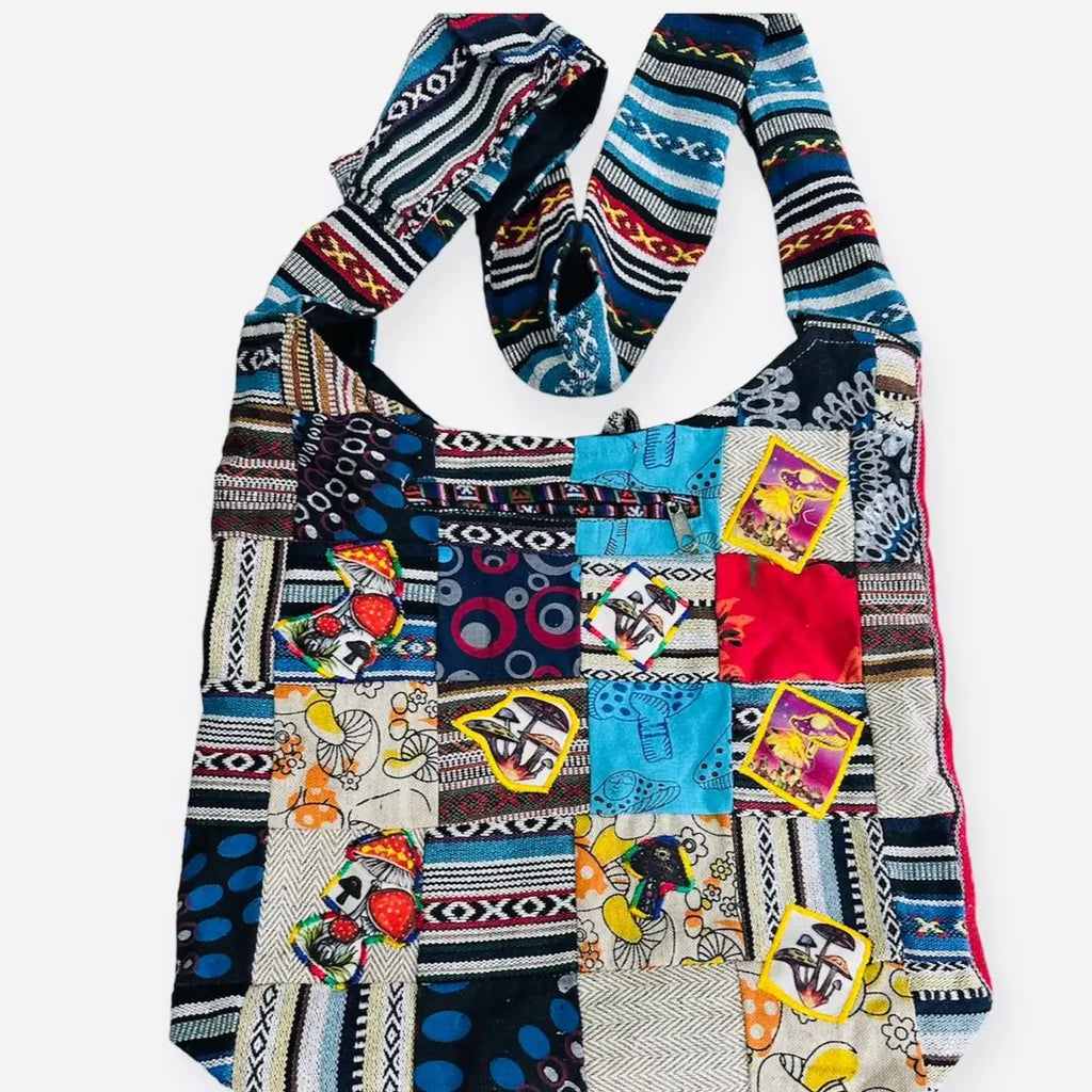 Hemp & Cotton Shoulder Bag - Multi-Mushroom Patch - Buttons & Zips Closed w/Inner Pocket, Shoulder & Front Pockets