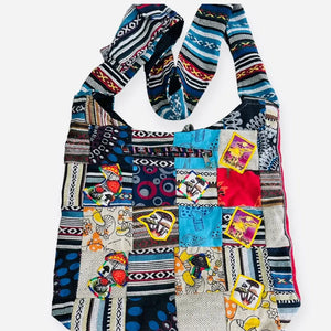 Hemp & Cotton Shoulder Bag - Multi-Mushroom Patch - Buttons & Zips Closed w/Inner Pocket, Shoulder & Front Pockets