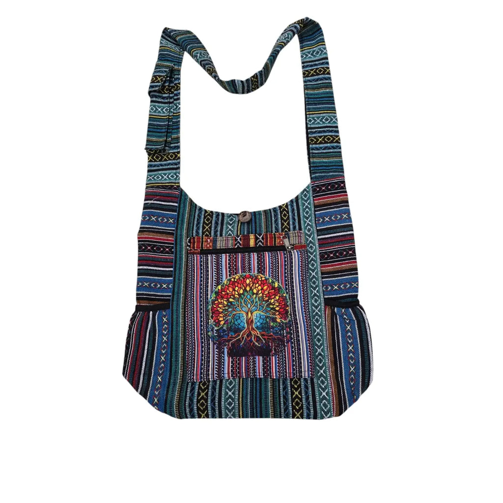 Hemp & Cotton Shoulder Bag - Red Tree of Life Multi-Colored - Button & Zips Closed w/Inner Pocket, Front and Shoulder Pockets & Side Bottle Pockets