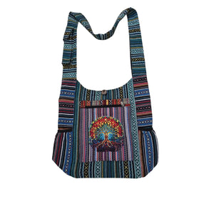 Hemp & Cotton Shoulder Bag - Red Tree of Life Multi-Colored - Button & Zips Closed w/Inner Pocket, Front and Shoulder Pockets & Side Bottle Pockets
