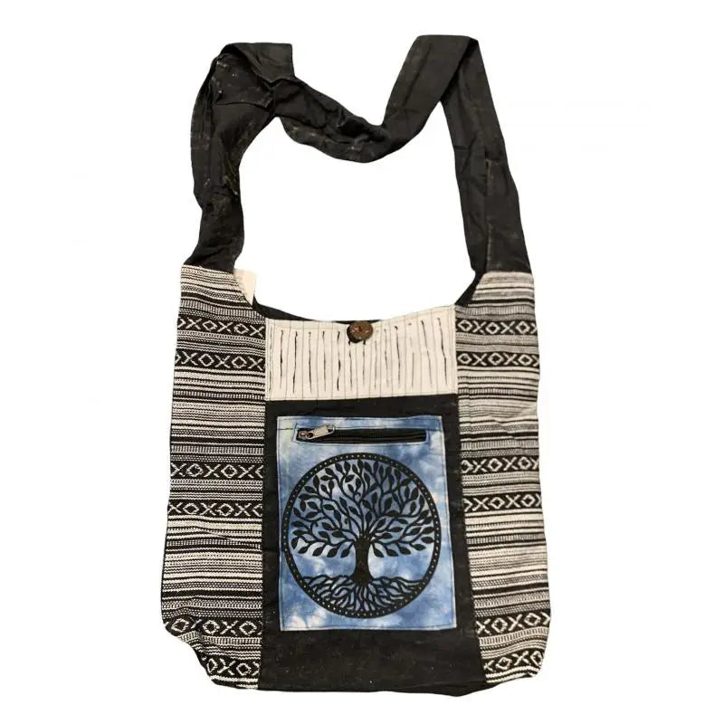 Hemp & Cotton Shoulder Bag - Blue Tree of Life - Button & Zips Closed w/Inner Pocket, Front and Shoulder Pockets