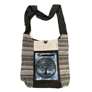 Hemp & Cotton Shoulder Bag - Blue Tree of Life - Button & Zips Closed w/Inner Pocket, Front and Shoulder Pockets