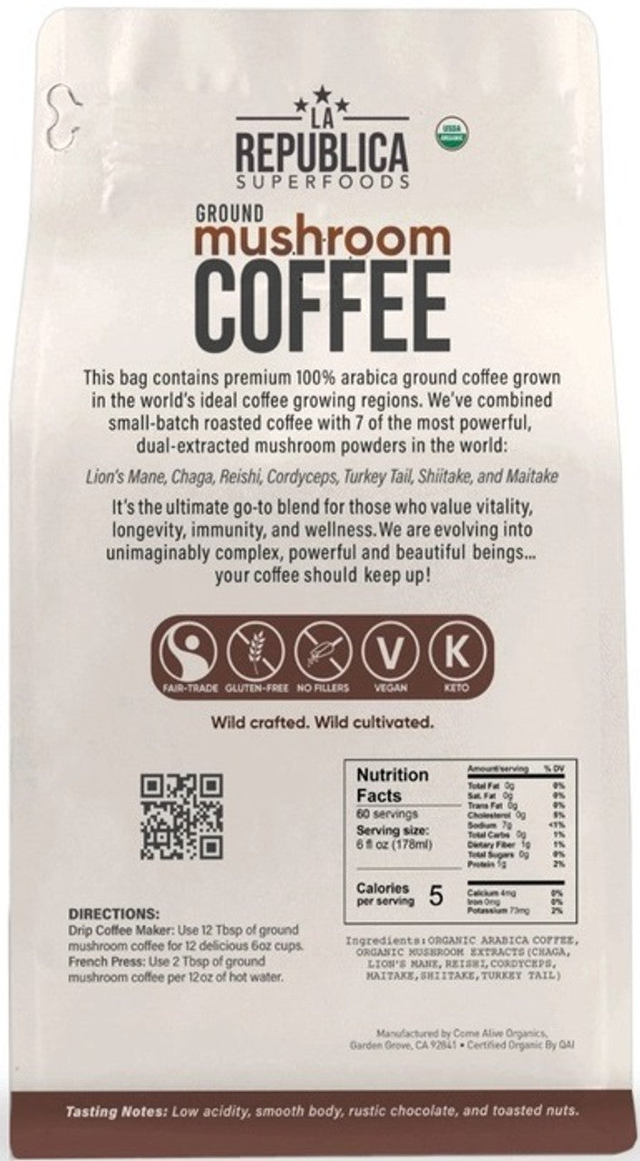 * BACK IN STOCK! La Republica Ground Mushroom Coffee - Focus & Energy - NEW - 12oz bag (60 servings)