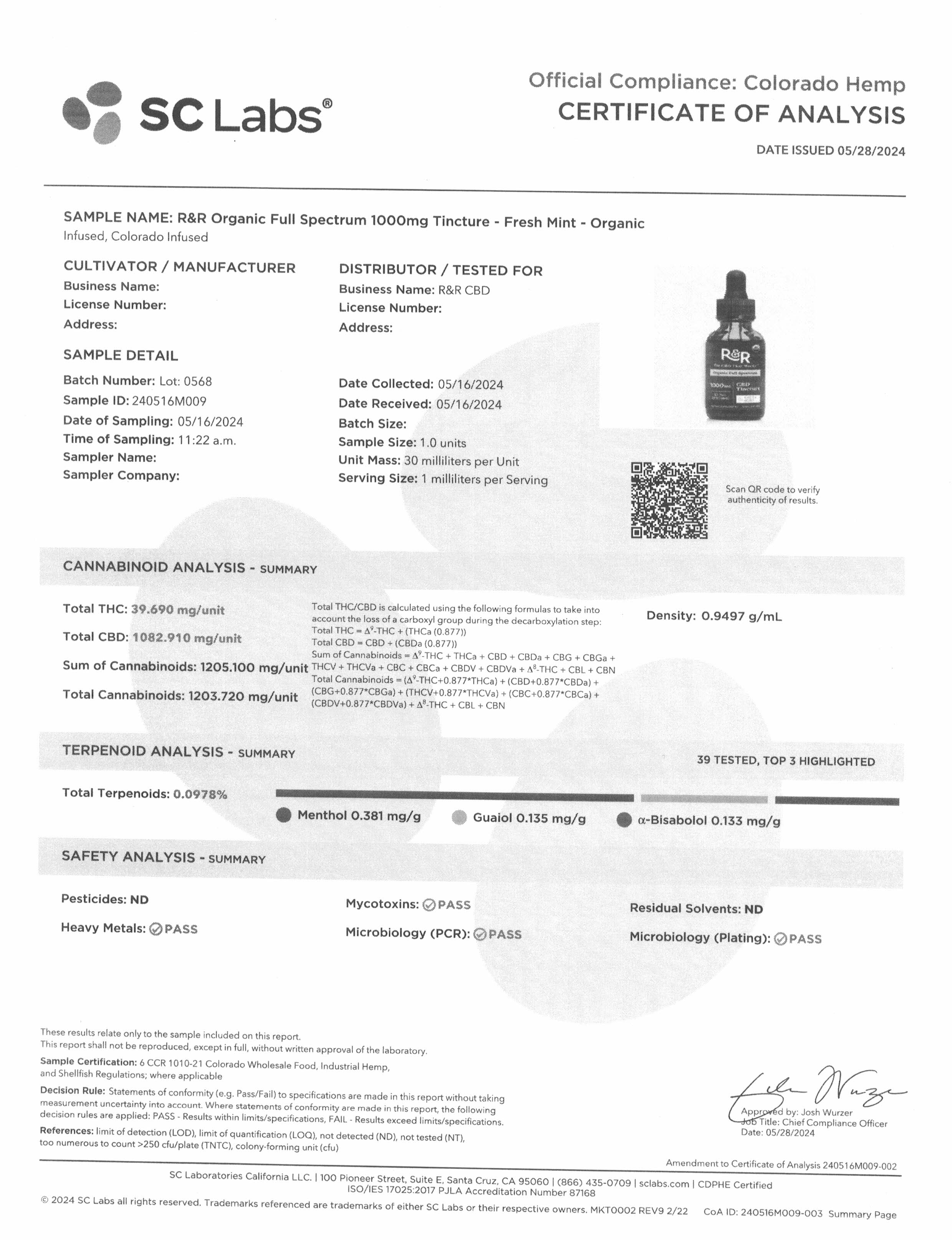 R+R Medicinals - 1000mg Full Spectrum Tincture - Fresh Organic Mint - 1oz bottle - Curious Rick's Hemporium
