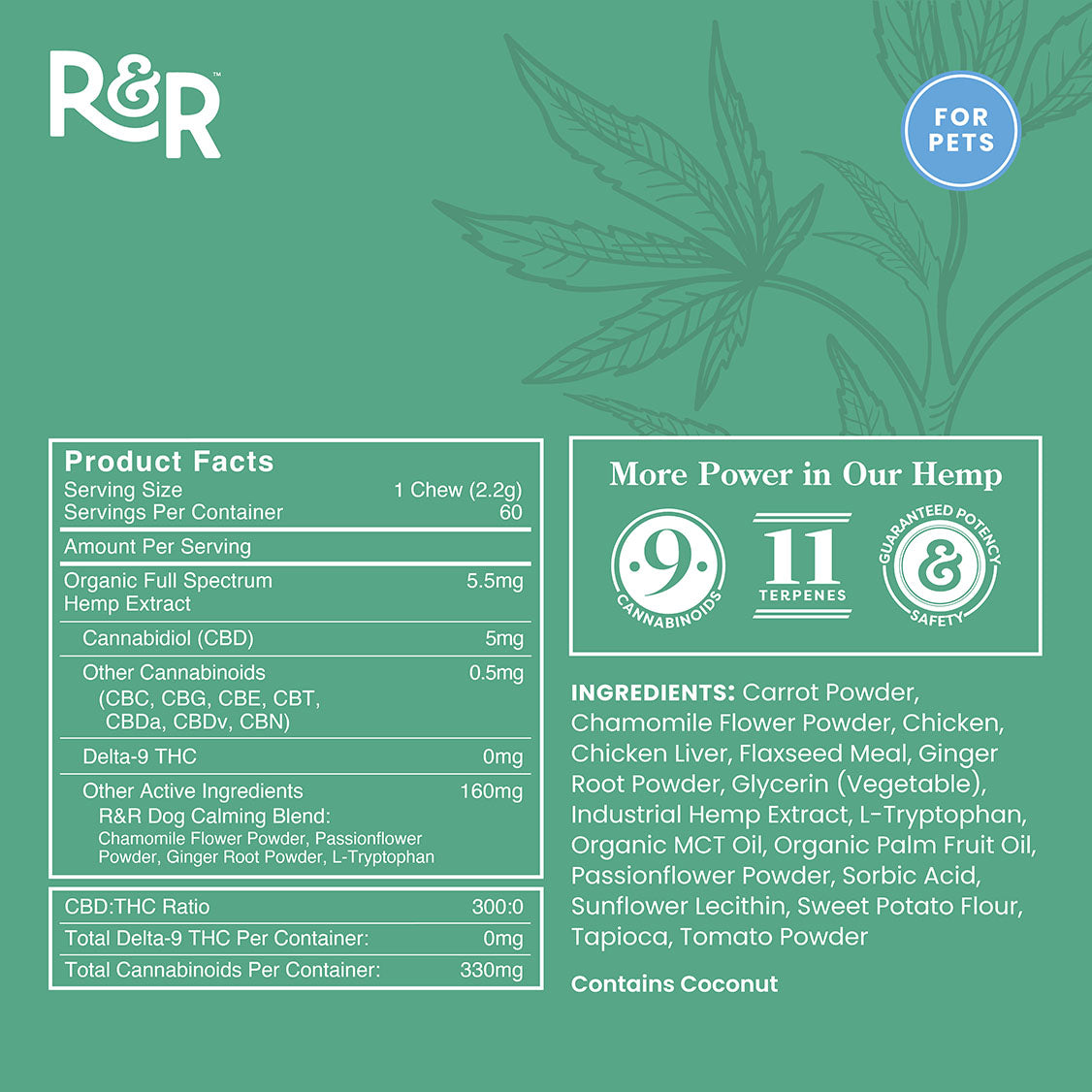 * NEW! R&R CBD Calming Dog Chews - with Calming Chamomile, Passon Flower & Ginger Root - 60 Treats