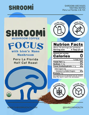 Shroomi Mental Performance Mushroom Coffee - Peru La Florida Half Decaf Roast - 12oz bag - NEW!