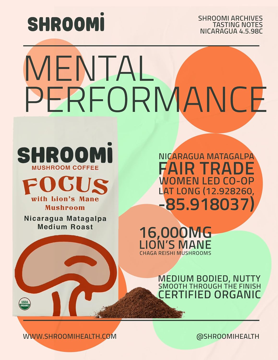 Shroomi Mental Performance Mushroom Coffee - Nicaragua Matagalpa Medium Roast - 12 oz bag - NEW!