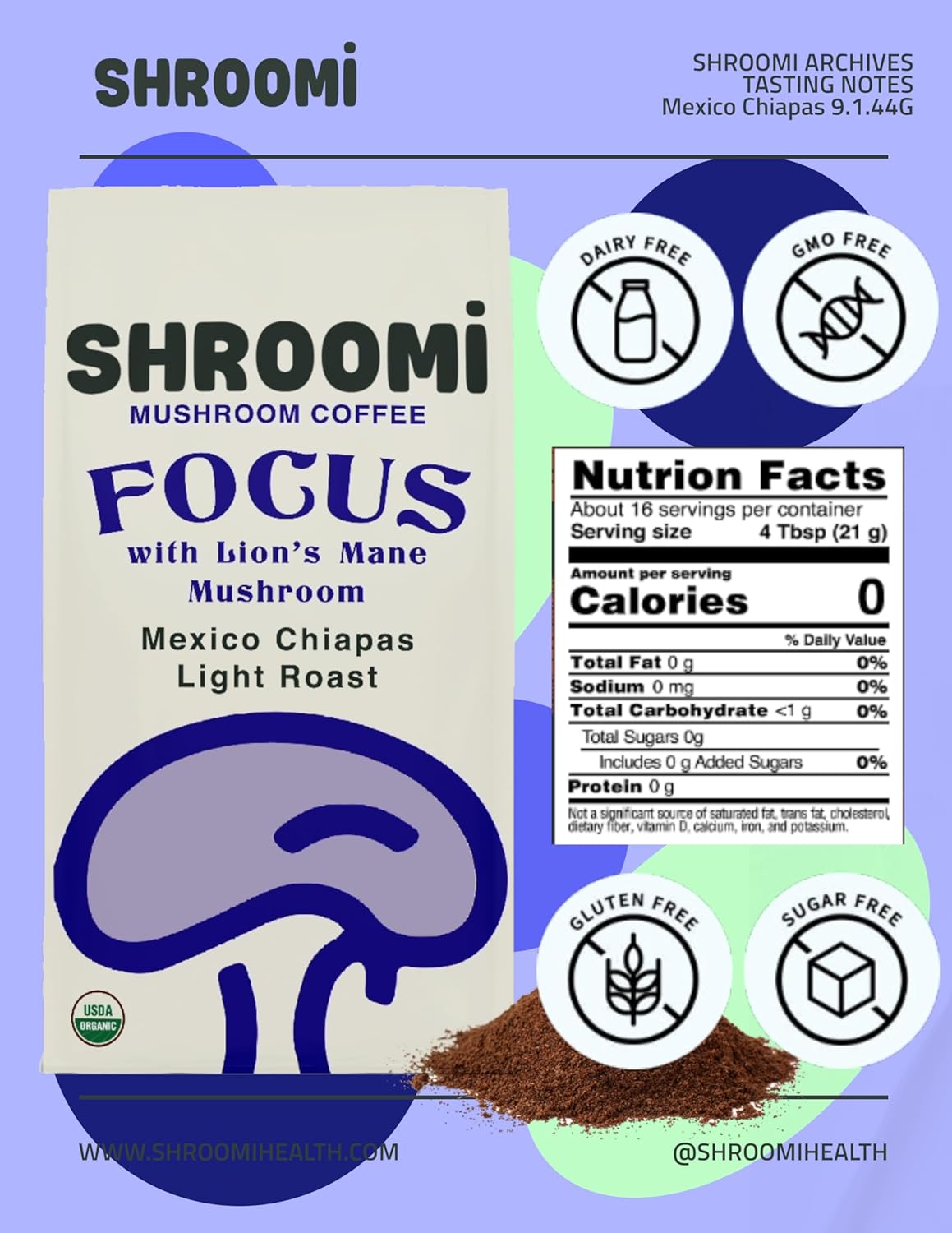 Shroomi Mental Performance Mushroom Coffee - Mexico Chiapas Light Roast - 12oz bag - NEW!