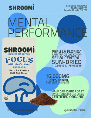 Shroomi Mental Performance Mushroom Coffee - Peru La Florida Half Decaf Roast - 12oz bag - NEW!