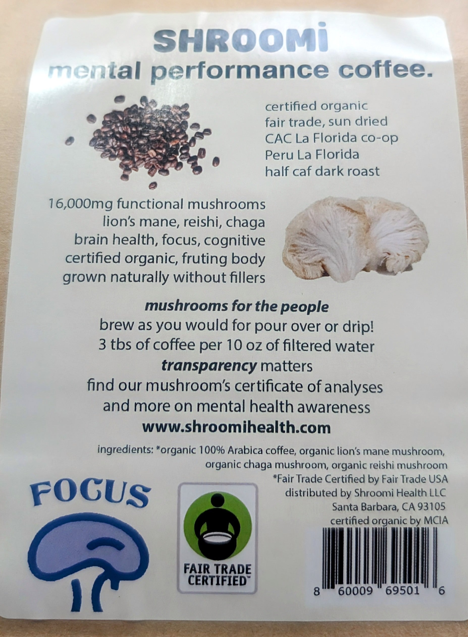 Shroomi Mental Performance Mushroom Coffee - Peru La Florida Half Caf Roast - 12oz bag - NEW! - Curious Rick's Hemporium