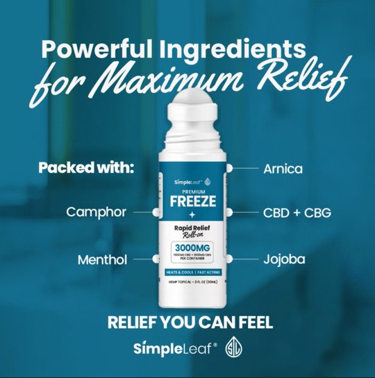 *Simple Leaf - NEW - Rapid Relief Roll-on - 3000mg Combined CBD+CBG Topical - 3oz