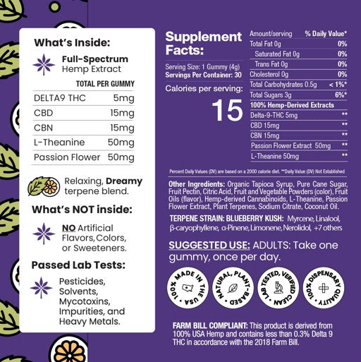 *Simple Leaf - NEW - Blueberry Dreams - THC+CBD+CBN Indica Enhanced Sleep Gummies - 30 count