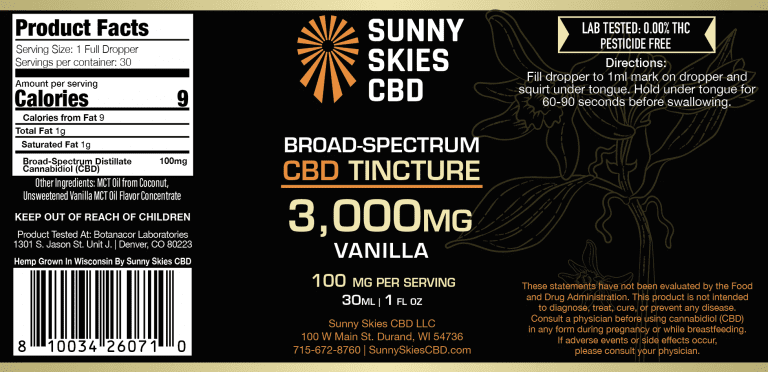 * NEW - Sunny Skies - OUR STRONGEST (THC FREE) CBD Tincture 3000mg Broad Spectrum CBD Tincture - Light Vanilla Flavor - 1oz