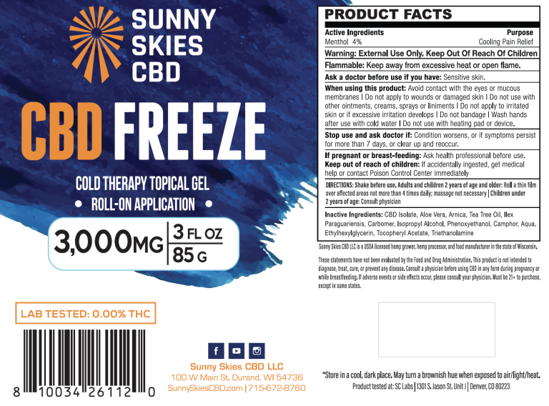*Sunny Skies - 3000mg CBD Freeze Gel Roll-on - 3oz