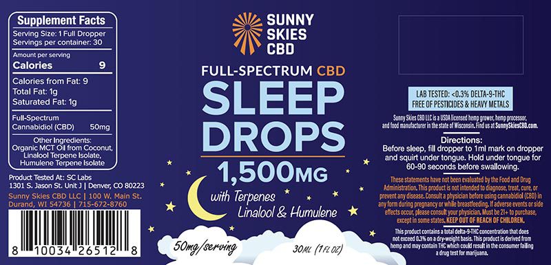 Sunny Skies - NEW - 1500mg Full-Spectrum CBD Sleep Drops w/Linalool and Humulene - Curious Rick's Hemporium